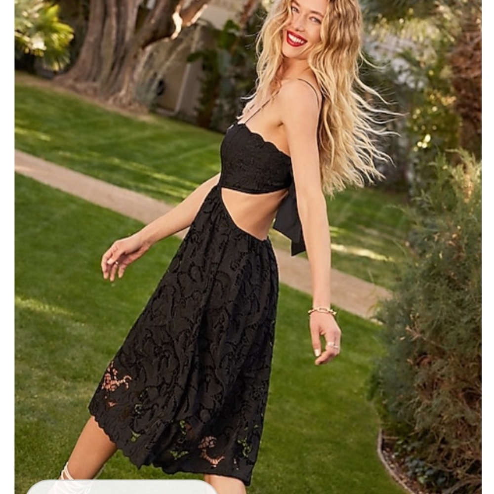 NWT Express Lace Bow Tie Back Side Cutout Black Midi Dress - Picture 5 of 6